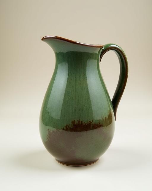 Pichet à eau en céramique avec une glaçure réactive, présentant des nuances de vert et de brun.