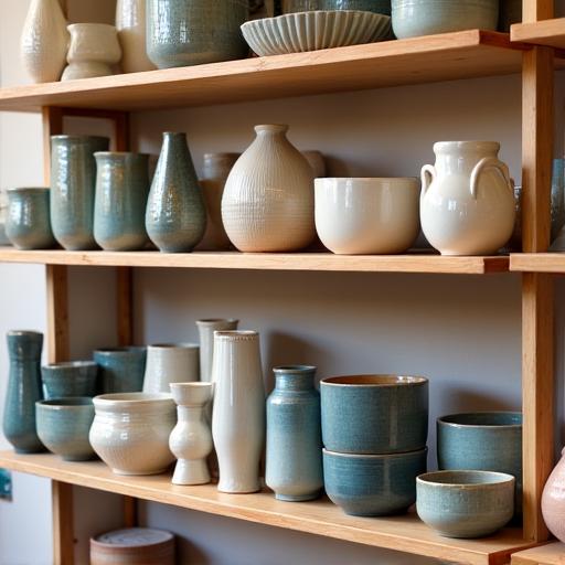 Étagère dans une boutique remplie de céramiques de Terra Glaze, incluant des vases et des bols.
